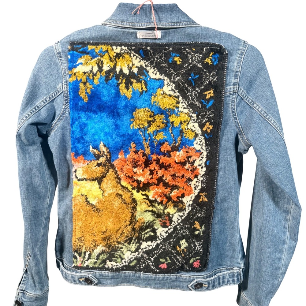 Boutique Upcycled Denim Jacket Gobelin Style Tapestry Deer Art Size M‎ firm